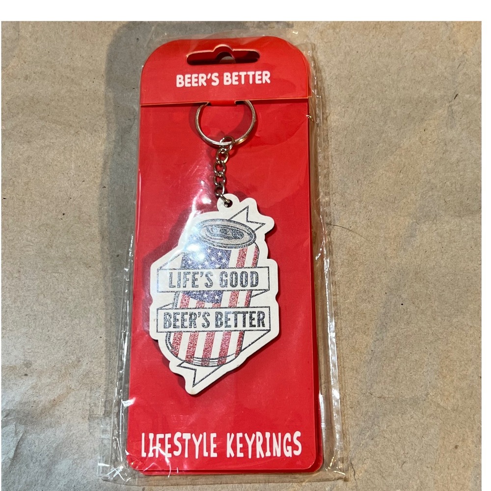 Lifestyle Keyrings‎ Wood Keychain  Life's Good Beer's Better Patriotic Can